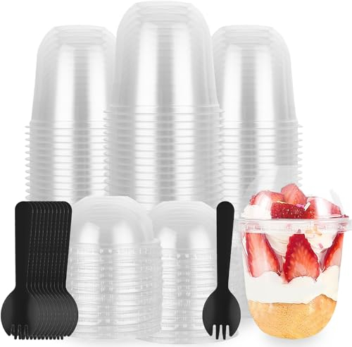 ASelected Lot de 100 Coupes à Dessert avec Couvercle 360 ML, Tasses à Dessert en Plastique avec 100 Couvercle et 100 Cuillères, Verrines pour Dessert, Apéritifs, Tiramisus