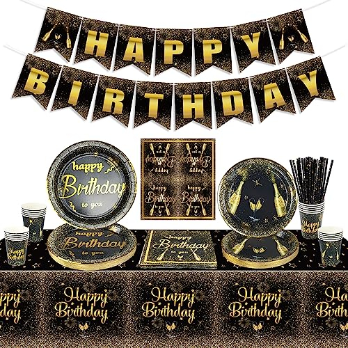 Décorations de fête d'anniversaire noir et or pour hommes, femmes, comprend une bannière de joyeux anniversaire, une nappe, des assiettes en papier, pour 20 invités
