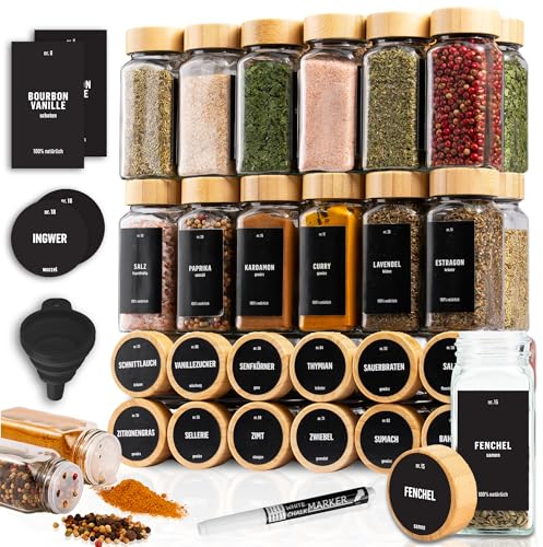 Deco Haus® Gewürzgläser eckig mit Holzdeckel 36er Set [+ Etiketten & Streueinsatz] - Gewürzdosen Set Glas - Gewürzbehälter Spice Jars - Gewürze Aufbewahrung - Behälter für Gewürze - Gewürzaufbewahrung