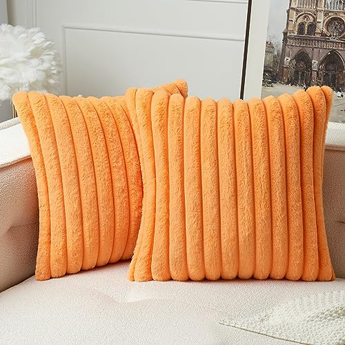 MIULEE Plüsch Samt Kissenbezug Kissenbezüge Kunstpelz weich Moderne Sofakissen Dekokissen Glatter Reißverschluss Waschbar Deko Kissenhülle für Wohnzimmer Schlafzimmer Sofa 2er Set 50x50 cm Orange
