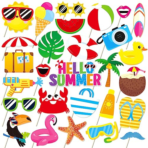 Summer Pool Beach Photo Booth Props 30 Pack Pool, Hawaiian, Beach, Luau Photo Booth Props, Tropical Themed Party with Stick and Glue for Summer/Pool/Tiki/Hawaiian Party Supplies Decor Photobooth Kit