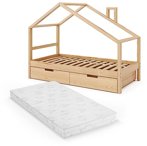 VitaliSpa Hausbett Lori, Naturholz, 80x160 cm mit Schubladen, und Matratze