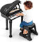 DREAMADE Clavier 31 Touches, Jouet Piano pour Enfants avec Tabouret, Instrument de Musique Mini Piano à Queue avec Microphone, Enseignement Guidé par La Lumière (Noir 31 Touches)