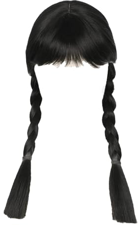 AOMAIGAD Mittwoch Addams Perücke Mit Pony, Lange Schwarze Doppelt Geflochtene Perücken Für Frauen Mädchen, für Cosplay Party Fasching Karneval Halloween