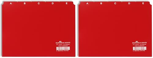 Durable A5 Index Card Set | Includes Printed A-Z Tabs | Red | Made of Strong PVC | Perfect for Organising Documents | Pack of 2