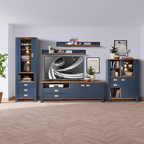 Wohnwand TV-Wand blau Landhaus mit Details in Eiche Nb. 5-teilig, 1 Vitrinenschrank, 1 Lowboard, 2 Wandregale, 1 Highboard, inkl. LED Beleuchtung