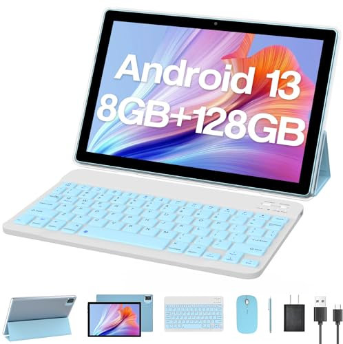 Tablet with Keyboard 10 inch Tablets Android 13 Tableta 2 in 1 Tablet 8GB+128GB Game Tab included Case wireless Mouse Stylus Pen Screen Protector 10.1 Tablets PC Dual Camera 5G-Wifi WiFi6 Bluetooth