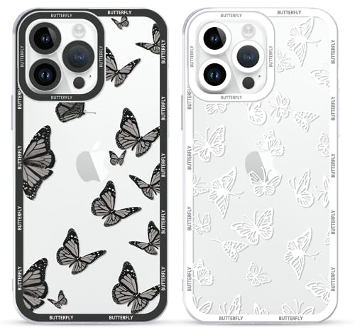 Yoedge 2 Stück Transparent HandyHülle für iPhone 14 Pro Max Hülle Schmetterling 6,7, TPU Schutzhülle für iPhone 14 Pro Max Case 3D Schwarz Butterfly Muster Aesthetic Mädchen Frauen Durchsichtig Cover
