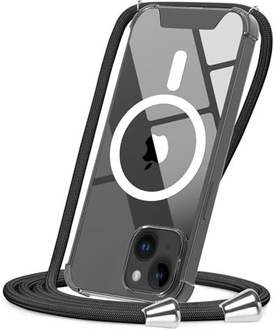 CAROKI Crossbody Lanyard Case for iPhone 13 6.1 inch, Magnetic Case Compatible with MagSafe Transparent Slim PC + TPU Clear Phone Case Cover with Lanyard Strap for iPhone 13-Black