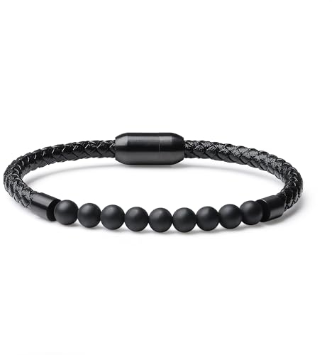 COAI Herren Leder Armband mit Naturstein Onyx Perlen M