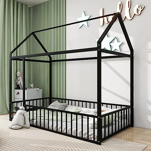 Bellemave Twin Size Montessori Floor Bed, Metal House Bed Frame, House Floor Bed for Kids, Montessori Floor Bed with Fence, Playhouse for Kids, Black