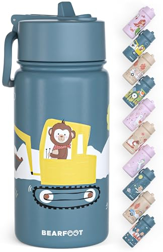 BEARFOOT Trinkflasche Kinder Edelstahl mit Strohhalm - Thermosflasche 400ml - BPA frei - auslaufsicher - Kleinkinder, Mädchen & Jungen Wasserflasche für Schule, Kindergarten (Blau - Bagger Affe)
