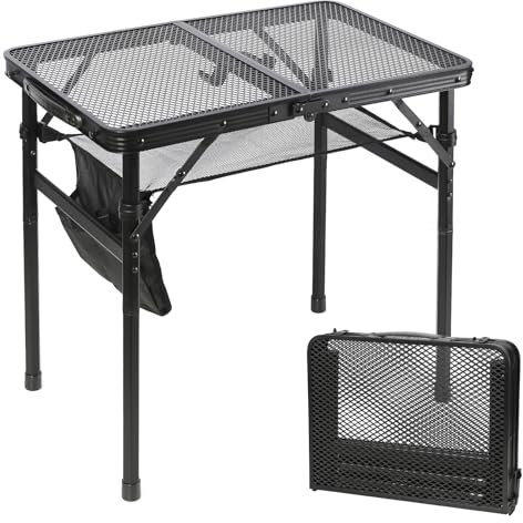 SKIKEN Small Floding Grill Table with Mesh Layer, Portable and Small, Lightweight Aluminum Table for Outdoor Tactical Camping BBQ Beach, 2 Height Adjustable, 23.7x15.8x22.3/11, Black