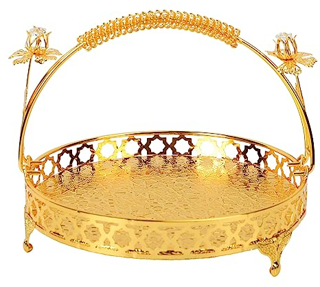 Serlium Retro-Stil Obsttablett Legierung Metall Obstkorb Gemüsekorb Mit Handhaben,Großes Rund Obst Etagere Dekorative Obstschale für Party Familie Bar Café (Gold Meduim)