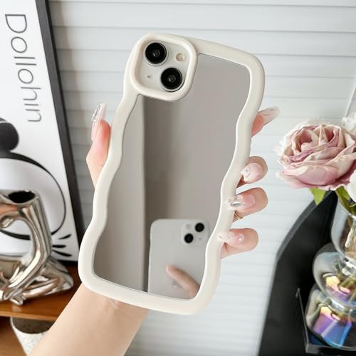 Jmltech for iPhone 15 Case Mirror Curly Wave Frame Shape Silicone Cute Shockproof Ultra Thin Protective Phone Case for iPhone 15 Beige Bumper