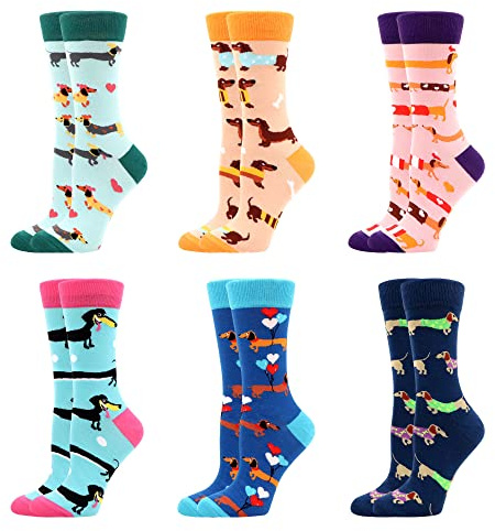 WeciBor Damen Lustige Bunte Socken, 6 Paar Mehrfarbig Dackel, Größe 35-38