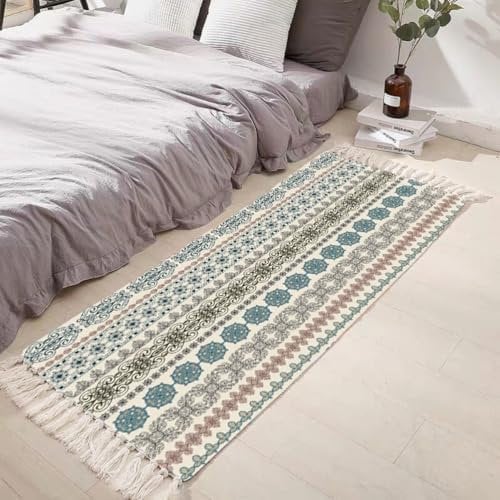Tomifine Tappeto con nappe, bohémien, lavabile, tessuto, stampato, Tappeti per soggiorno, camera da letto, porta d'ingresso (50x80 cm,Verde)