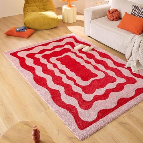 Nazar Teppich Groovy, bunt, Vintage, Retro, geometrisch, Orange, Gelb, Rosa, Rot, flauschig und bequem, Wohnzimmerteppich (382 Rouge, 80x140 cm)