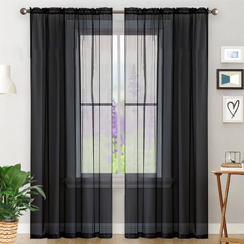 GAIFNAG Rideaux de Porte Chenille 190 x 220 cm 100% Polyester/Transparent Intérieurs Rideau à Oeillets, Rideau de Fenêtre à Œillets pour Mariage de Noël Chambre, Noir