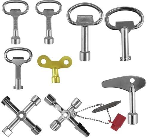 9 Stück Universalschlüssel, Dreikantschlüssel, Vierkantschlüssel und Rundschlüssel für Wasserhahn, Heizkörper, Mülltonne, Elektrische Wasser- und Stromzähler, Schaltschrankschlüssel, 4 kant schlüssel