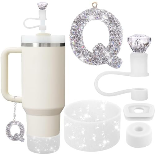 Mity Rain Set für Stanley Cup-Zubehör, Buchstaben-Charm, inklusive Diamant-Strohaufsatz, 2 Stück auslaufsichere Silikon-Stopper, glitzerndes Silikon-Stiefel-Set, 100 ml (Q)
