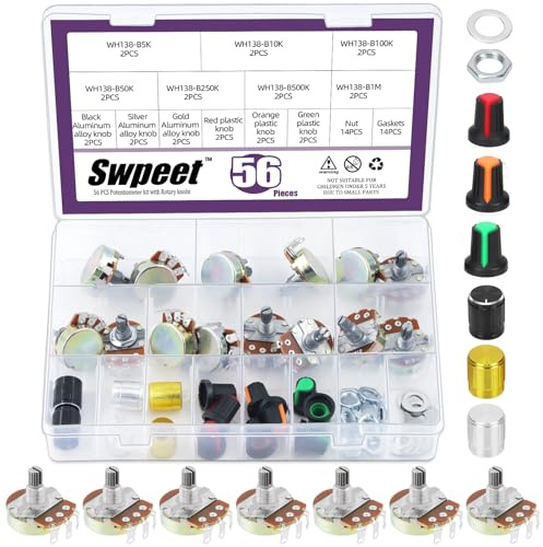Swpeet 57Pcs Einzelnes lineares Drehkegelpotentiometer mit Kunststoff- und Aluminiumlegierungsknöpfen Kit, 5K 10K 50K 100K 250K 500K 1M Ohm-Potentiometer Kohlenstoffdatei Variabler Widerstand