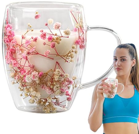 Fenytay Dried Flowers Glass Cups - Floral Fusion Insulated Double Wall Flower Cup - Tea, Espresso, Coffee Mugs with Handle