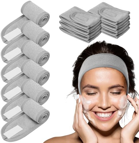 LOPHE Microfibre Bandeau Cheveux Femme Maquillage,6PCS Bandeau Réutilisable de Maquillage Réglable Headband avec Magic Tape Pour Spa Yoga Sport Se Maquiller Soins du Visage,Gris