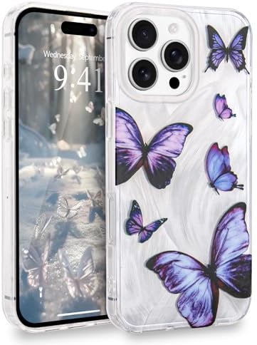 L-FADNUT for iPhone 16 Pro Max Case for Women Girls, Glitter Silver Cute Butterfly Pattern Phone Case, Trendy Shiny Soft Slim Protective TPU Anti-scratch Aesthetic Cover for iPhone 16 Pro Max, Purple