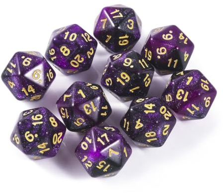 Yourandoll 10 STÜCKE Polyedrische Würfel D20 Würfel Dice 20mm Acryl Dice Spielwürfel for DND RPG Tischspiele (Sternenhimmel Lila Schwarz)