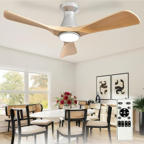 Depuley 42-Zoll-Deckenventilatoren mit Licht: Holz 3 Flügel Flush Mount Low Deckenventilator für Schlafzimmer - Dimmbarer Innenventilator mit APP-Fernbedienung Ultraleiser DC-Motor Zeitschaltuhr
