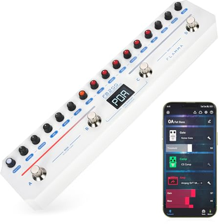 FLAMMA FB200 Intelligentes Bass-Multieffekt-Prozessorpedal mit 40 Voreinstellungen, 10 AMP-Modelle, 10 CAB-Simulationen, 9 IR-Slots, 40 Rhythmus-Stile, Mod, Reverb, Tuner, APP-Steuerung, OTG-Aufnahme