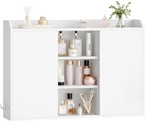 Hzuaneri Hängeschrank, Wandschrank mit verstellbaren Ablagen, Weiß | mit Schiebetüren und offenen Regalen, Wandmontierter Badezimmerschrank, 20 x 90 x 60 cm, BC40203X