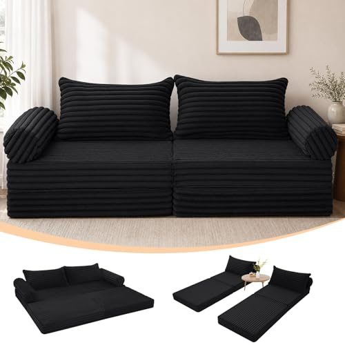 MeMoreCool Futon Schlafsofa, Faltbares Bodensofa mit Kissen, Schwarz | Bequemes Klappsofa mit Schlaffunktion, Ideal als Gästebett und Lounge Sofa für Wohnungen mit Wenig Platz