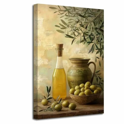 LZIMU Olive Kitchen Leinwandbild Vintage Grüne Olivenzweige Bilder Drucke Rustikale Bauernhaus Gemälde Neutrales botanisches Fruchtposter Stillleben Esszimmerdekor (Grün, (50L x 40B cm))