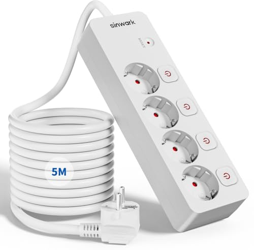 Sinwark Steckdosenleiste Einzeln Schaltbar 4fach, Power Strips, mit üBerspannungsschutz，with Child Safety Lock,Thickened and Widened Conductive Sheet,16 A/250V/3680 W,White 5M