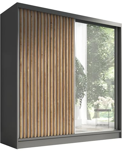A&J MöbelLand Schwebetürenschrank LUNO Kleiderschrank 2-türig mit Spiegel Garderobenschrank 200 cm (Graphit)