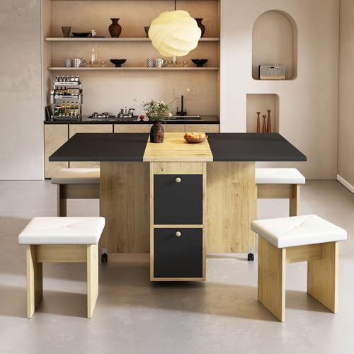 Merax Extendable Dining Table Set with 4 Chairs, Folding Dining Table with Drop Leaf Design, Multifunctional Space-Saving Set, White, Oak and Black, 120 x 80 x 75 cm