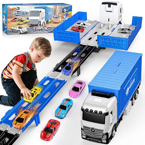 EUCOCO Kinderspielzeug ab 2 3 4 5 6 Jahre, Auto Transporter Geschenk Junge 2-6 Jahre, LKW Spielzeug 158 cm Truck Spielzeugauto mit 8 Rennautos Ostergeschenke für Kinder