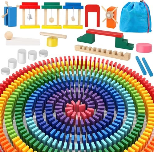 Herefun Dominosteine Holzbausteine Domino Spiel Holz Bunte Domino Set Mit Zusatzblöcke Aufbewahrungsbeutel, Holzspielzeug Lernspielzeug Geschenk Domino Kinder Ab 3 4 5 Jahre (600pcs)