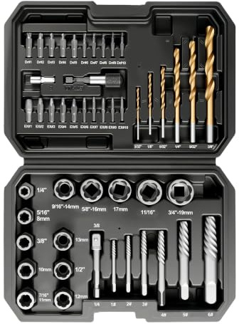 48tlg Schraubenausdreher Set Profi mit Handschuhen, Linksausdreher & Mutternausdreher Set inkl. HSS Spiralbohrer, Stecknuss Bolzenlöser Set für Beschädigte, Verrostete Schrauben & Muttern mit Adapter
