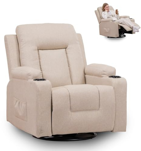GTPLAYER Poltrona Relax con Schienale Regolabile e Poggiapiedi, Girevole 360°, Portabicchieri e Tasche Laterali, Poltrona Inclinabile per TV, Poltrona da Lettura per Camera da Letto, Beige