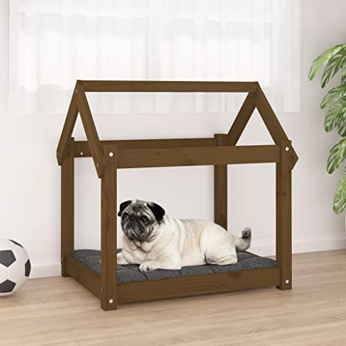 YunCangg Hundebett Honigbraun aus massivem Kiefernholz 71x55x70 cm, robuster Hundekorb mit rutschfestem Liegekissen, haustierfreundliches Tierbett für Wohnzimmer, Schlafzimmer und Auto
