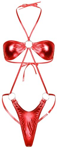 winying Damen Glänzend Bikini Einteiler Badeanzug Sexy Monokini Rückenfrei Stringbody Bademode in Lederoptik Rot Einheitsgröße