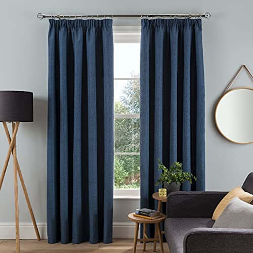 Sleepdown Textured Rib Weave Pencil Pleat Blackout Lined Curtains Thermal Insulated for Bedroom and Living Room Navy 66 x 54 Inch 2 Panels