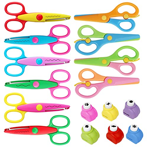 Asdirne Kinder Bastelschere Set, Stanzer Kinder, Eine Vielzahl von Lustigen Mustern, enthält 6 Kinder Zickzackschere, 4 Kinderscheren und 6 Papierstanzer