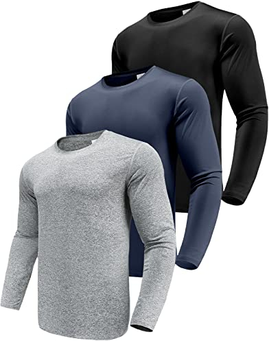 Herren 3er Pack Langarmshirt T-Shirts, UPF 50+ UV Schnelltrocknend Funktionsshirt Laufshirts, Atmungsaktiv Langarm Sportshirt Gym Shirt Outdoor Workout Fitness Oberteil Black/Navy/HGrey-3P03-L