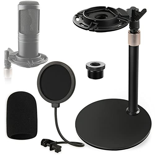 Frgyee AT2020 Desktop Microphone Stand with Shock Mount, Foam Windscreen and Pop Filter, Adjustable Mic Stand Desk Shockmount for Audio Technica AT2020 AT2020USB+ AT2035 ATR2500 Condenser Microphone