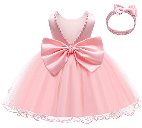 LZH Bebés Volante de Encaje sin Espalda con Tocado,Bowknot Vestidos de Flores Fiesta de Desfile Boda