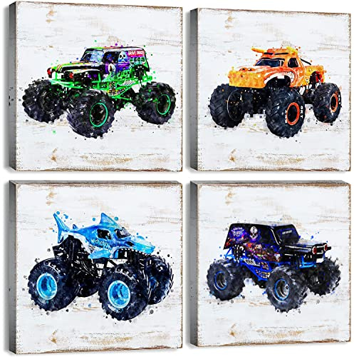 Jungenzimmer-Dekor, Monster-Truck, Leinwand-Kunst, Vintage-Auto-Poster, Kinder, Wandkunst, Monstertrucks, Wanddekoration für Jungen, Schlafzimmer, Kinderzimmer, Cartoon-Aquarell-Fahrzeugbilder,